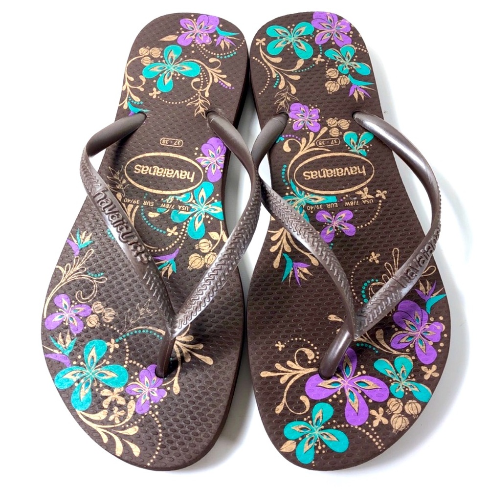 Havainas Slim Flip Flops-Bronze w Purple, Green & Metallic Gold Floral Print-7/8